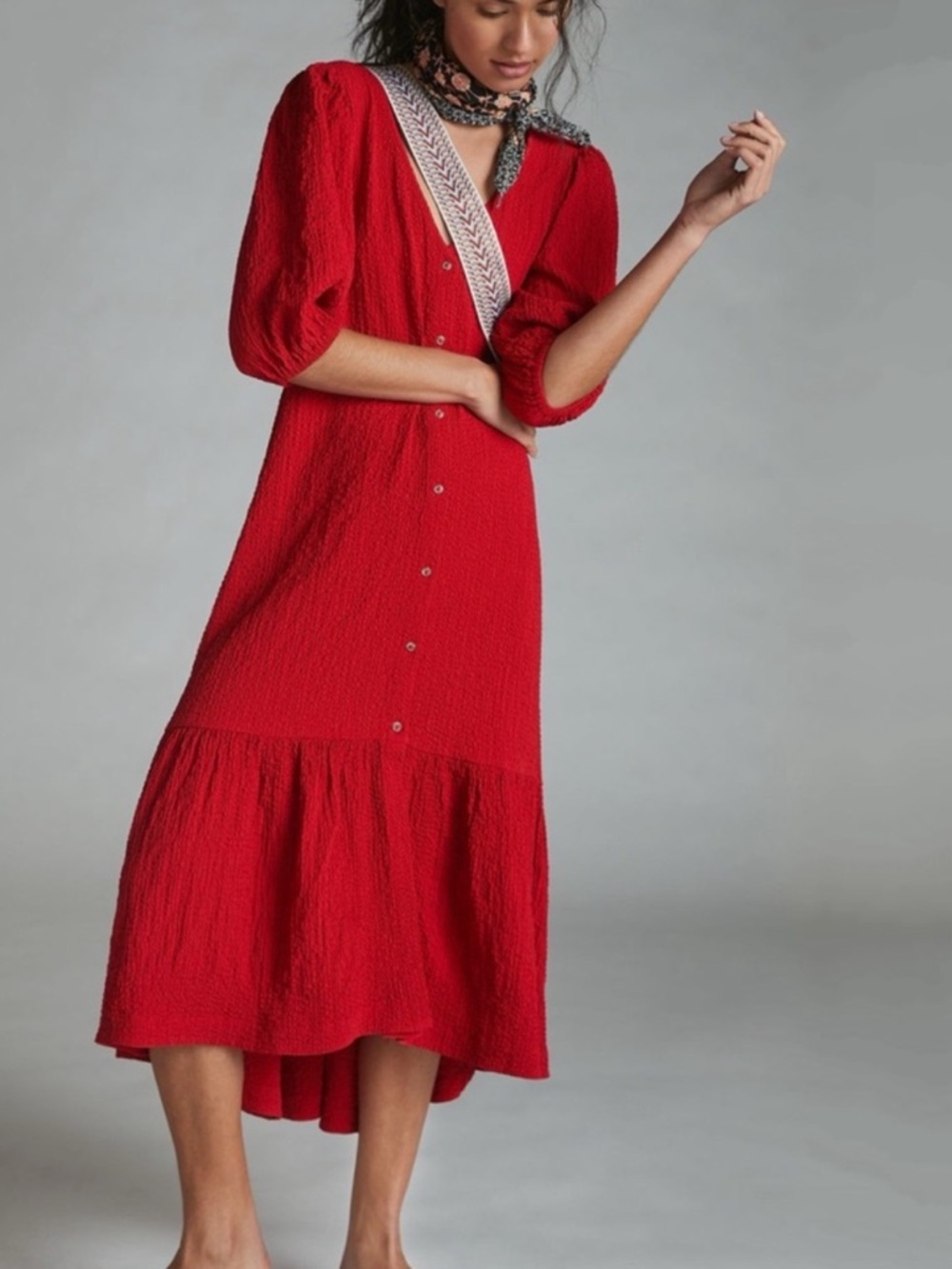 Anthropologie Red Textured Midi Dress